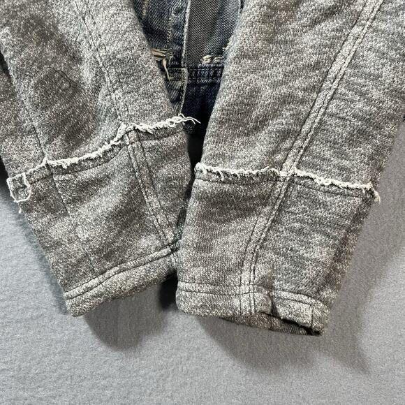 Free People Jean Jacket Blue Grey Denim Hooded‎ Trucker Distressed Womens Large - Picture 7 of 12
